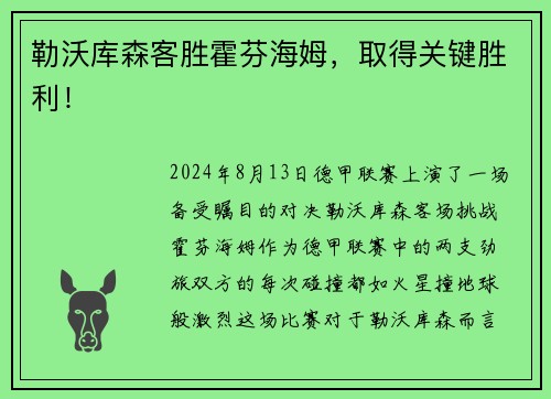 勒沃库森客胜霍芬海姆，取得关键胜利！