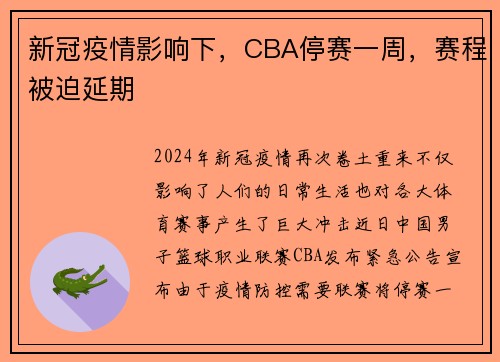 新冠疫情影响下，CBA停赛一周，赛程被迫延期